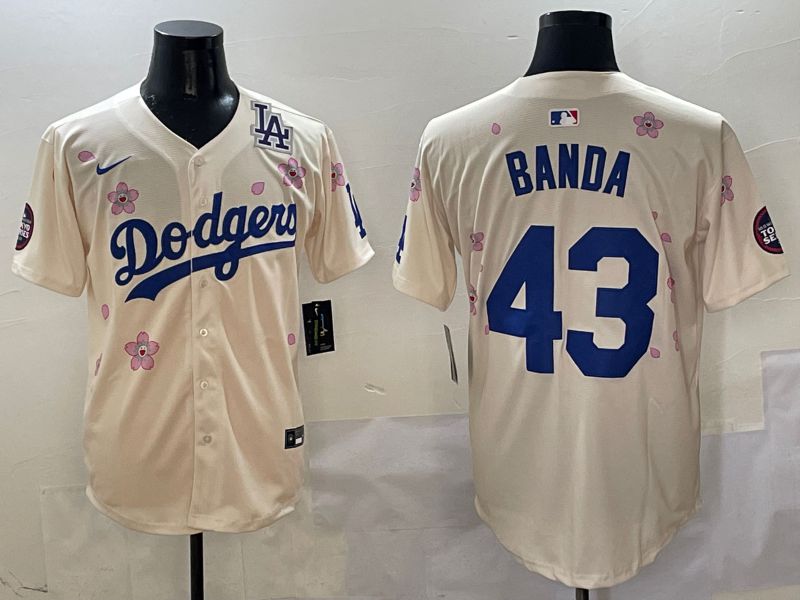 Men Los Angeles Dodgers 43 Banda Cream White Blue Sakura Edition 2025 Nike MLB Jersey style 5